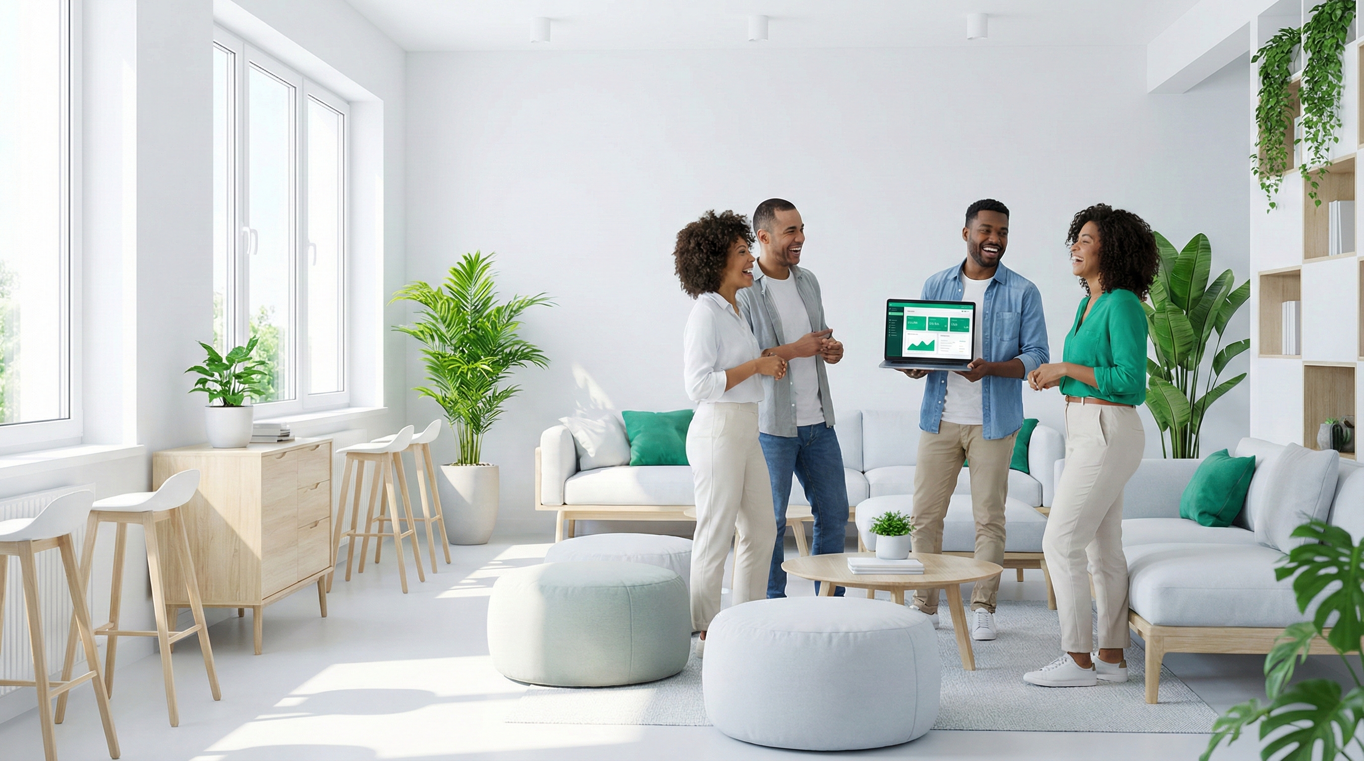 Equipe corporativa engajada com o Sana — ambiente de trabalho saudável