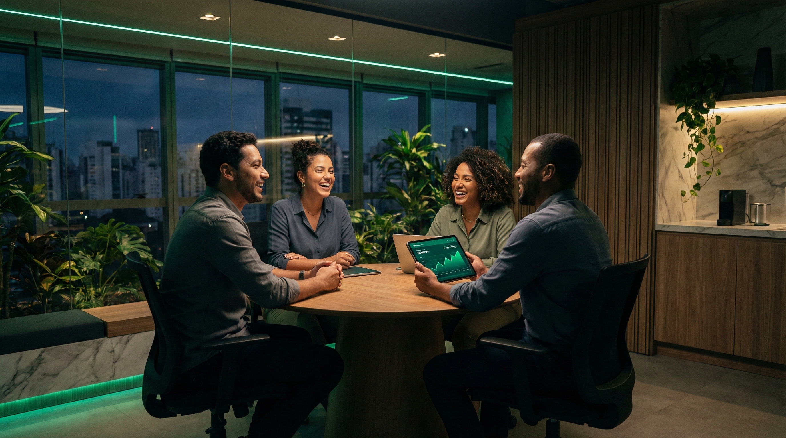 Equipe corporativa engajada com o Sana — ambiente de trabalho saudável