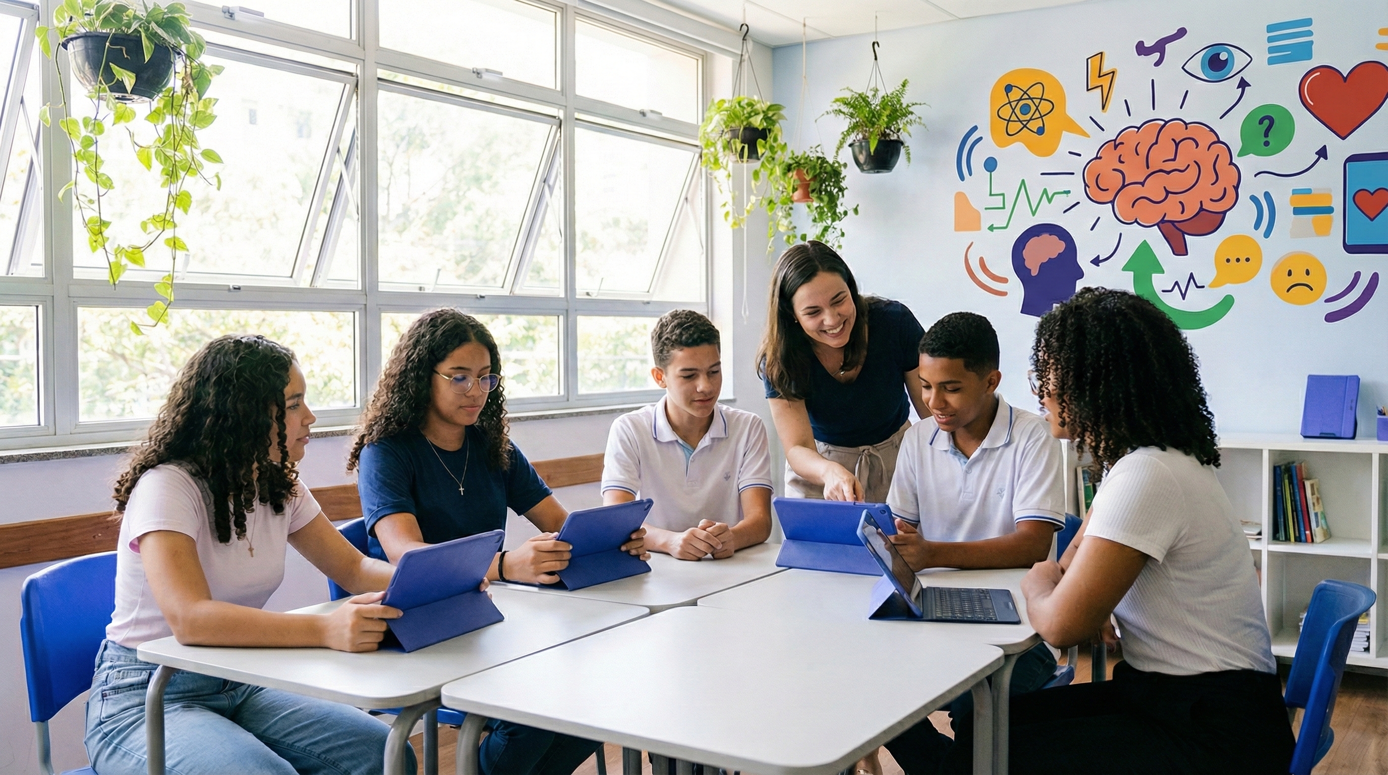 Alunos engajados em atividade de saúde mental com o Sana Edu