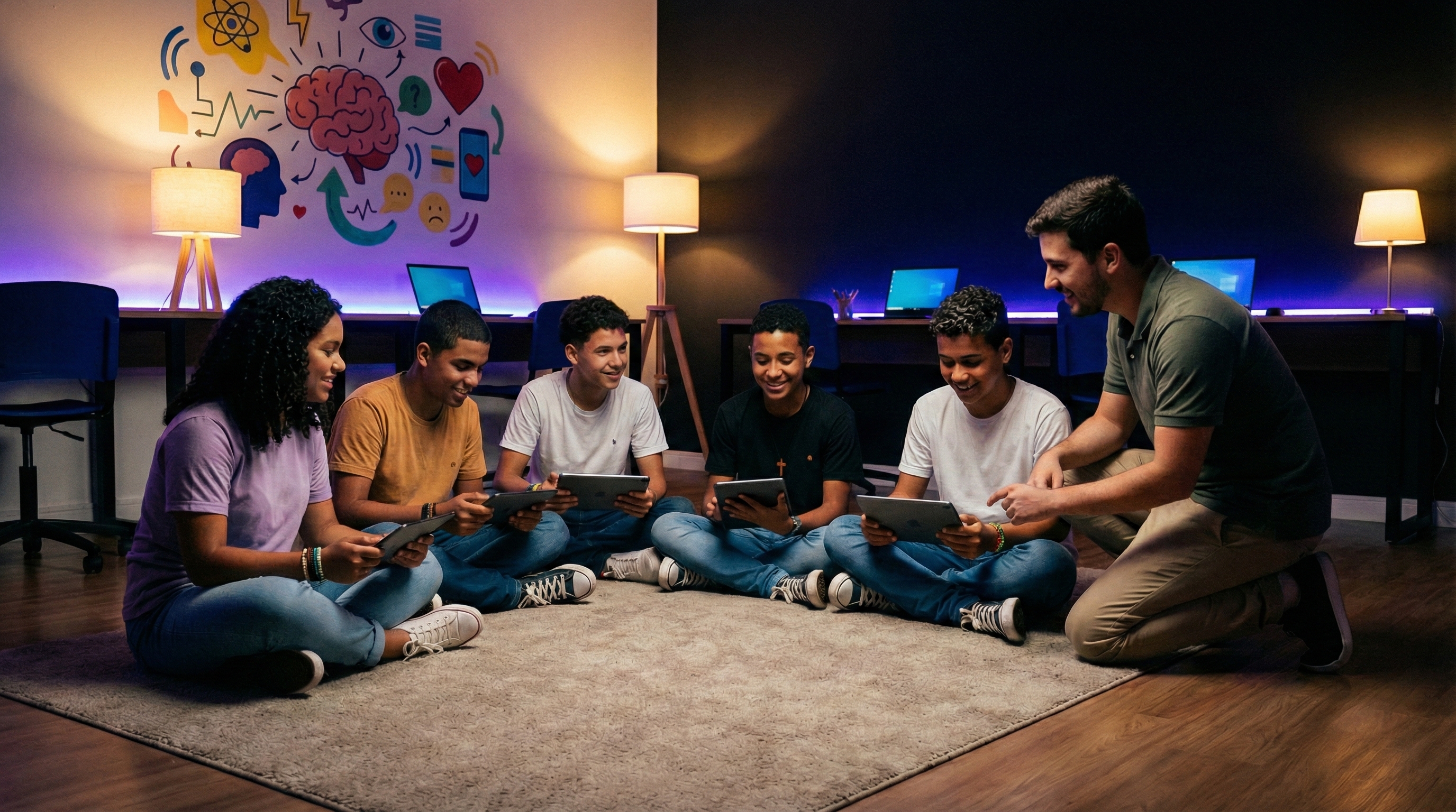 Alunos engajados em atividade de saúde mental com o Sana Edu