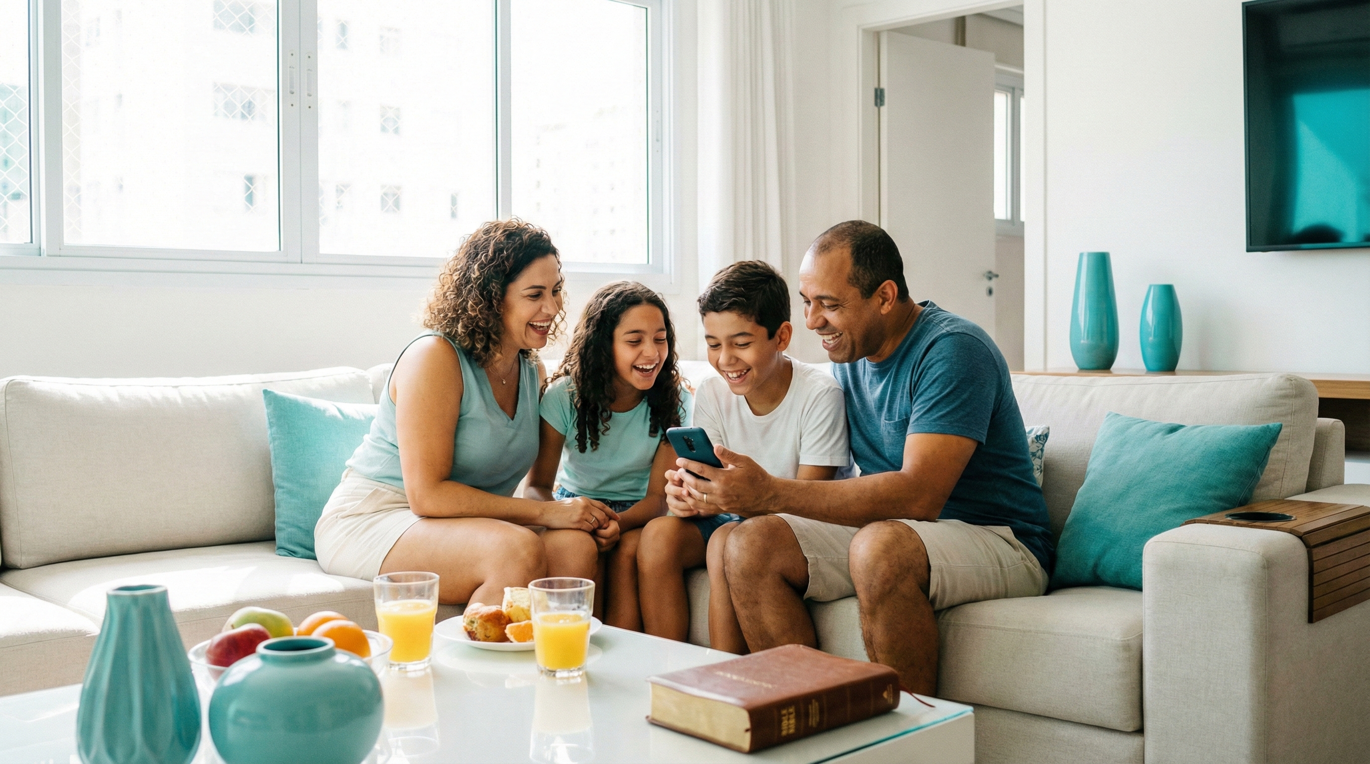 Família conectada com bem-estar digital pelo Sana SVA