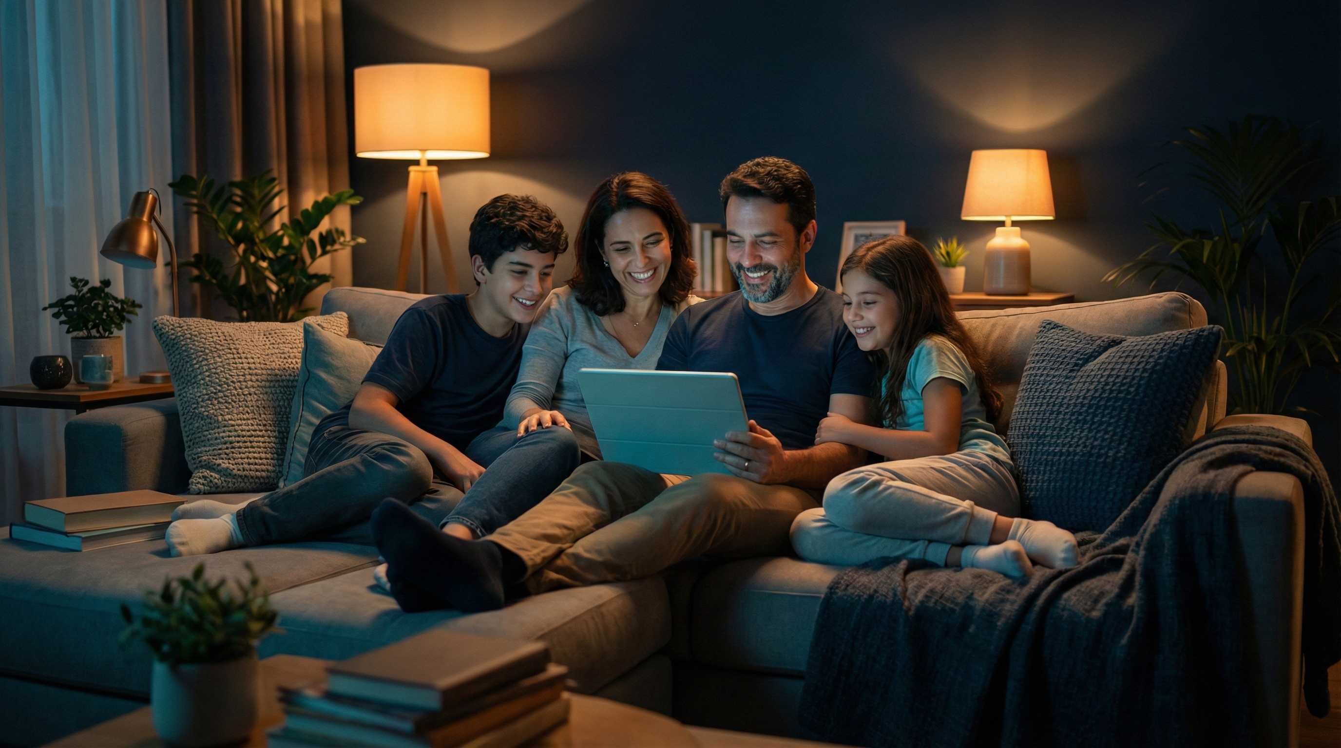 Família conectada com bem-estar digital pelo Sana SVA