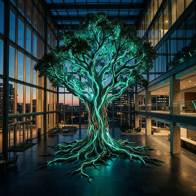 Árvore bioluminescente em átrio corporativo — legado humano
