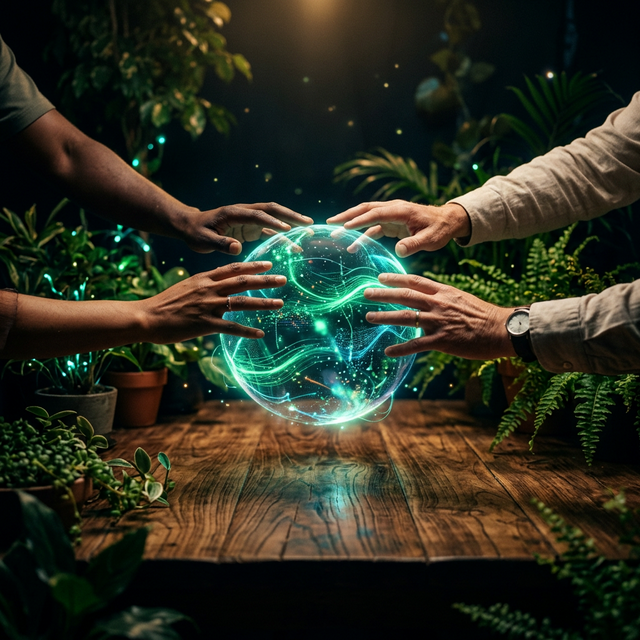 Mãos diversas tocando esfera holográfica de dados — empatia e inteligência