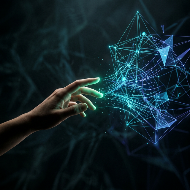 Mão tocando estrutura geométrica de IA — agência humana sobre tecnologia
