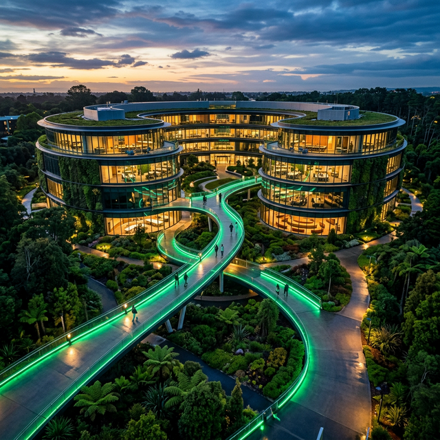 Edifício circular com jardins e caminhos iluminados — arquitetura centrada no humano