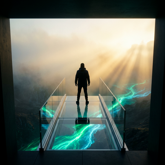 Pessoa na ponte de vidro com rio bioluminescente — futuro humano