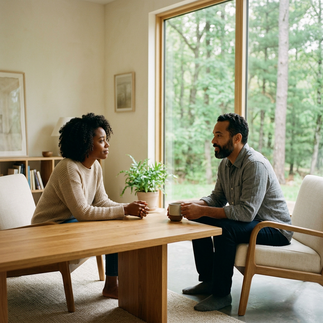 Duas pessoas conversando com chá e luz natural — conexão genuína